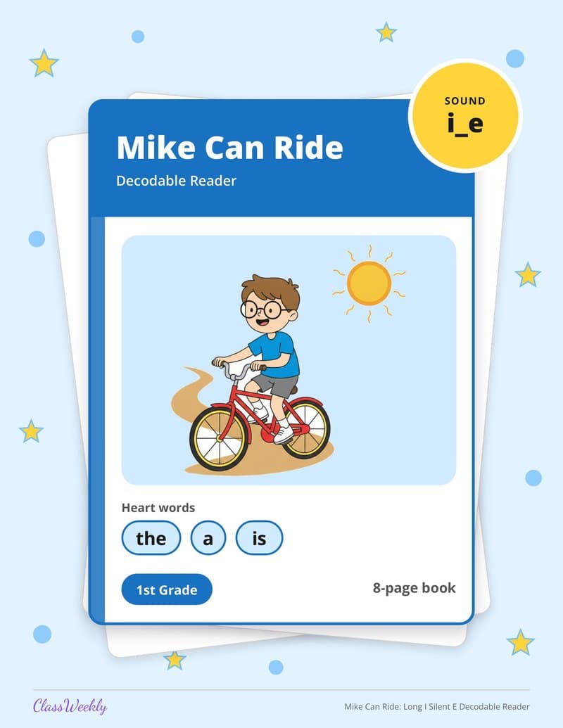 Mike Can Ride: Long I Silent E Decodable Reader - 1st Grade Decodable Readers printable preview