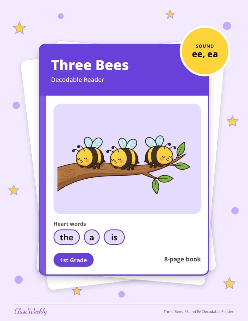 Three Bees: EE and EA Decodable Reader - 1st Grade Decodable Readers printable preview