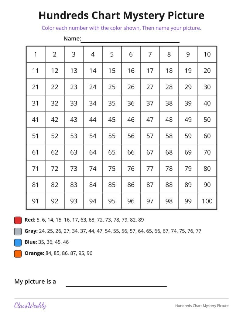 Hundreds Chart Mystery Picture: Rocket - 1st Grade Numbers printable preview