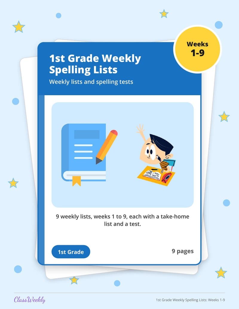 1st Grade Weekly Spelling Lists: Weeks 1-9 - 2nd Grade Spelling Lists printable preview