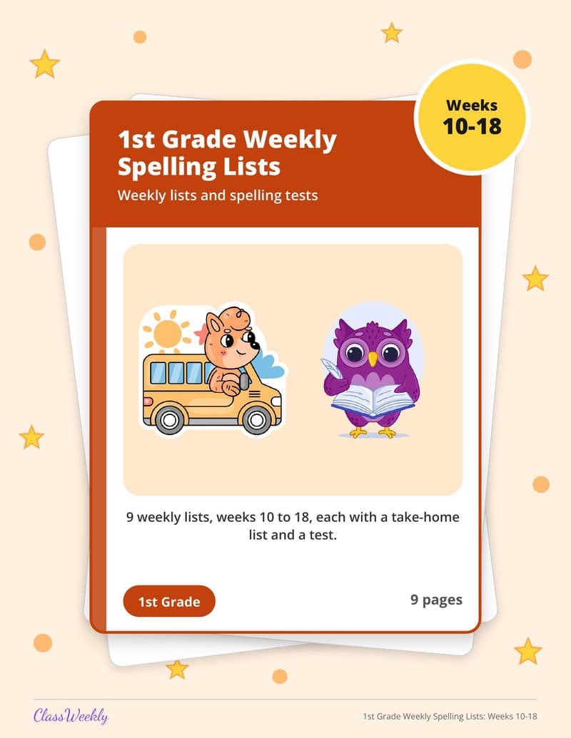 1st Grade Weekly Spelling Lists: Weeks 10-18 - 2nd Grade Spelling Lists printable preview
