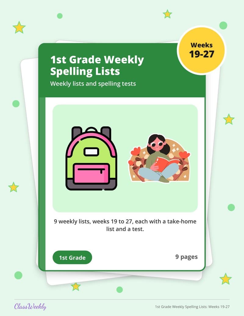 1st Grade Weekly Spelling Lists: Weeks 19-27 - 1st Grade Spelling Lists printable preview