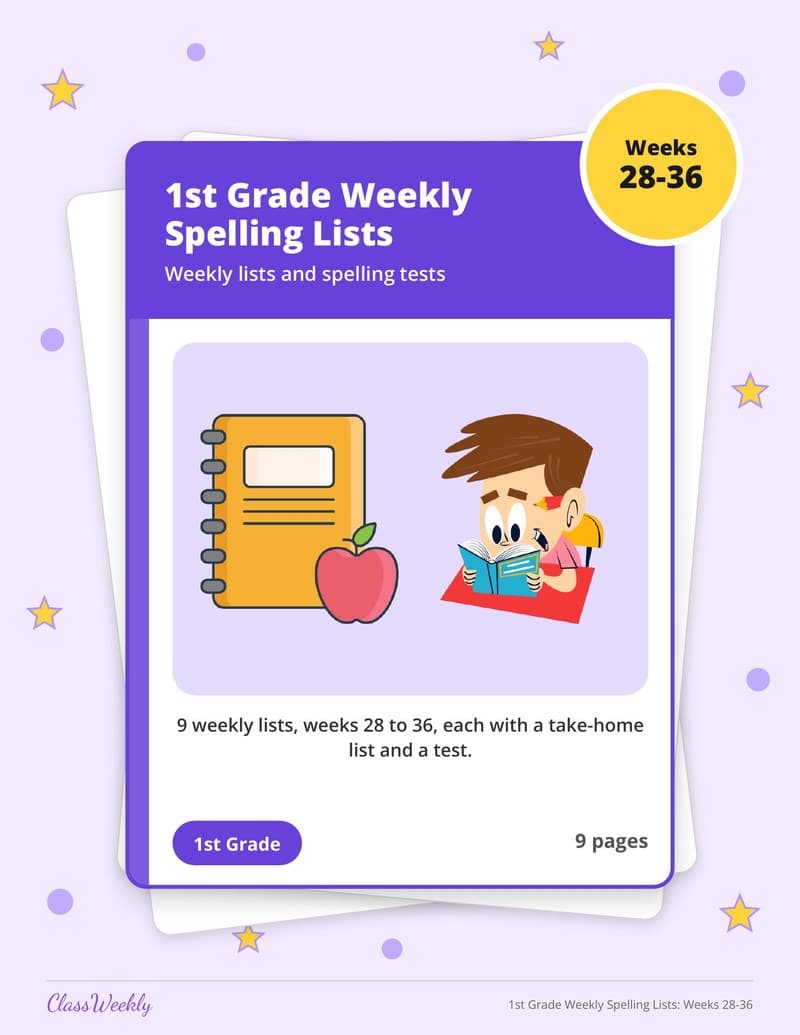 1st Grade Weekly Spelling Lists: Weeks 28-36 - 1st Grade Spelling Lists printable preview
