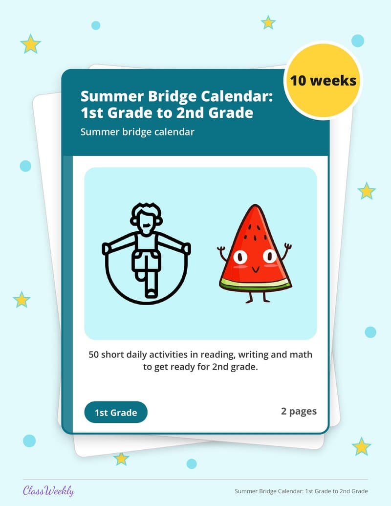 Summer Bridge Calendar: 1st Grade to 2nd Grade - 1st Grade Summer Activities printable preview