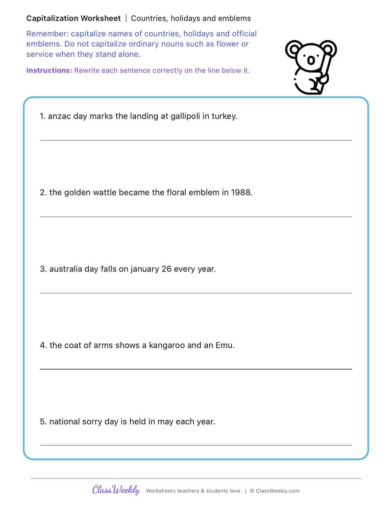 Countries, holidays and emblems - Australia's Identity, Celebrations and Commemorations - 4th Grade worksheet preview