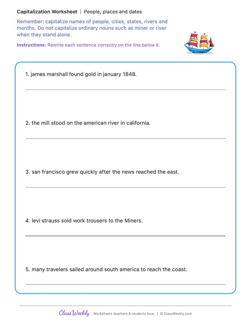 People, places and dates - California Gold Rush - 4th Grade worksheet preview