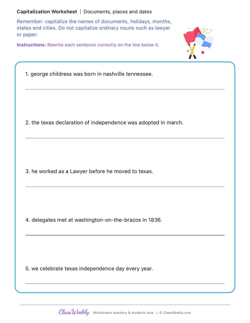 Documents, places and dates - George Childress - 4th Grade worksheet preview