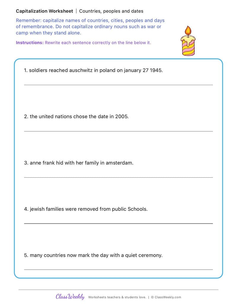 Countries, peoples and dates - International Holocaust Remembrance Day - 4th Grade worksheet preview