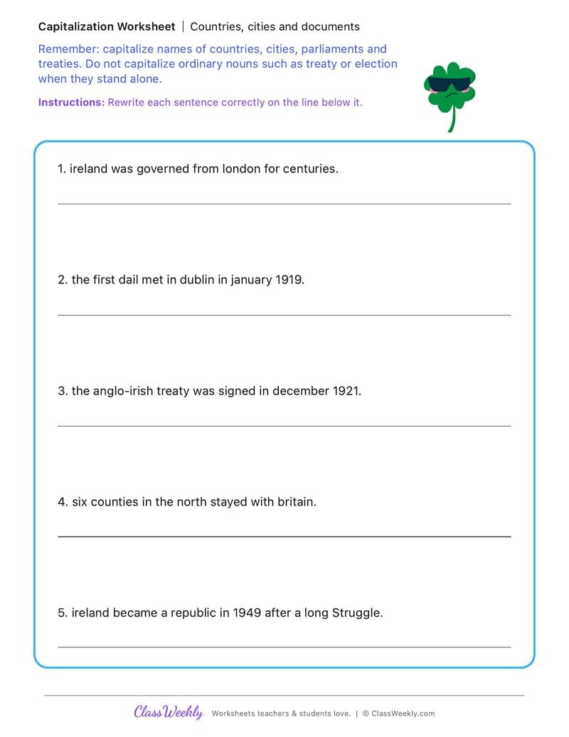 Countries, cities and documents - Irish Revolution and War of Independence - 4th Grade worksheet preview