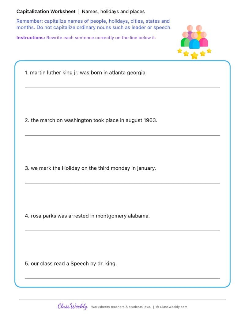 Names, holidays and places - MLK Day / Black History Month - 4th Grade worksheet preview