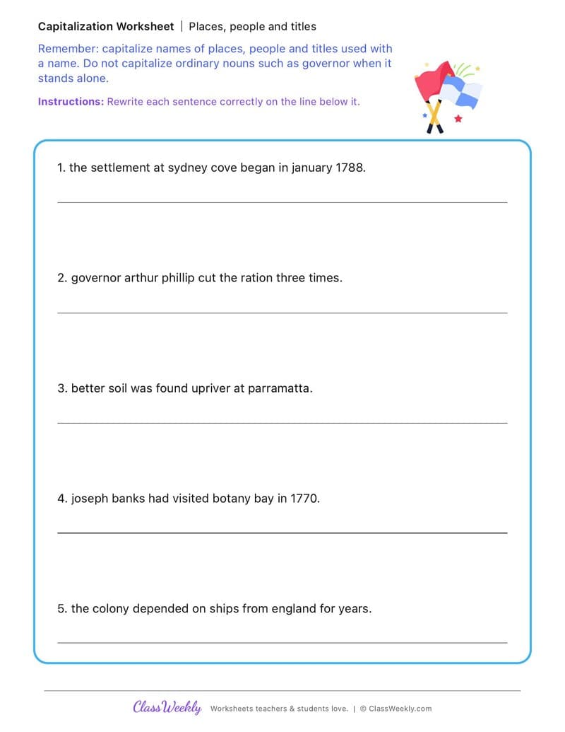 Places, people and titles - The First British Colony in Australia - 4th Grade worksheet preview