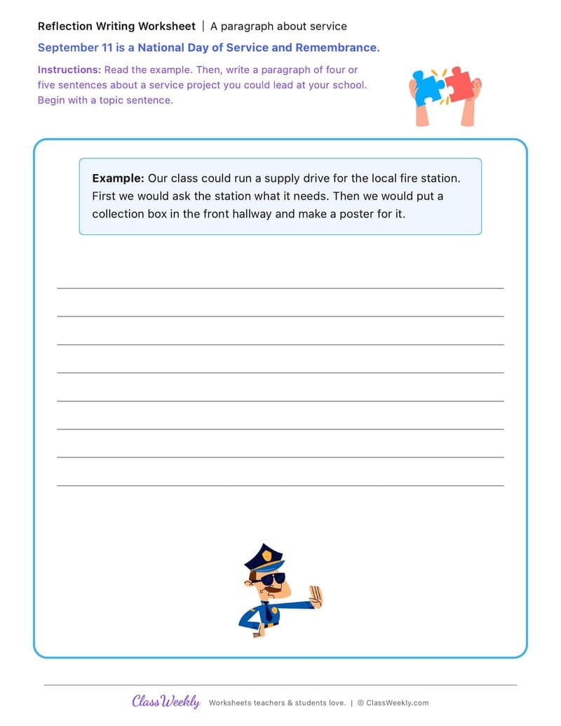 A Paragraph About Service - Patriot Day - 4th Grade worksheet preview