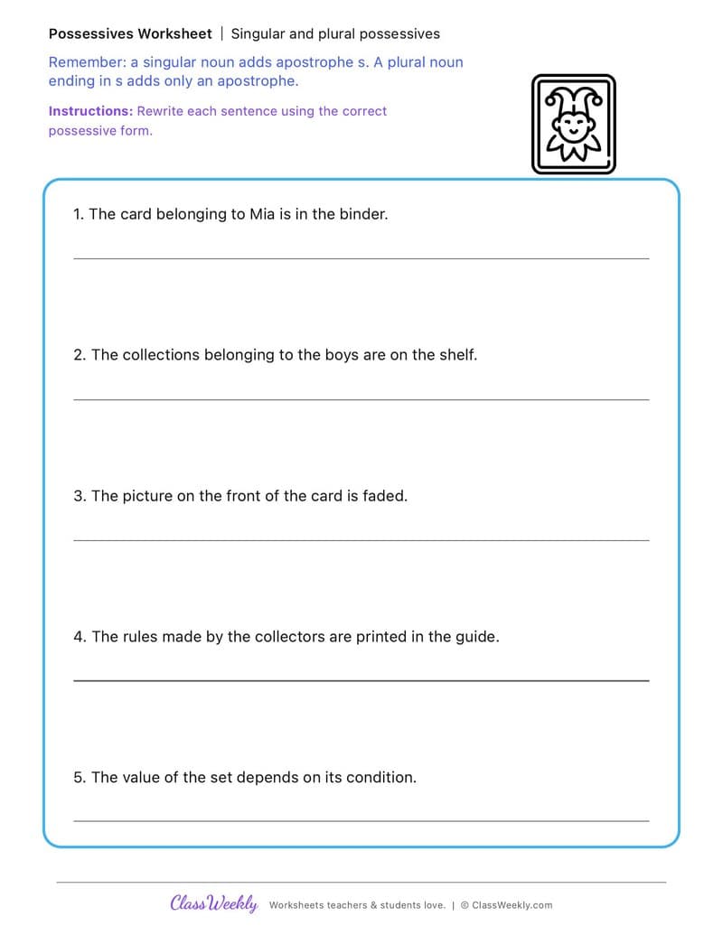 Singular and plural possessives - National Trading Card Day - 4th Grade worksheet preview