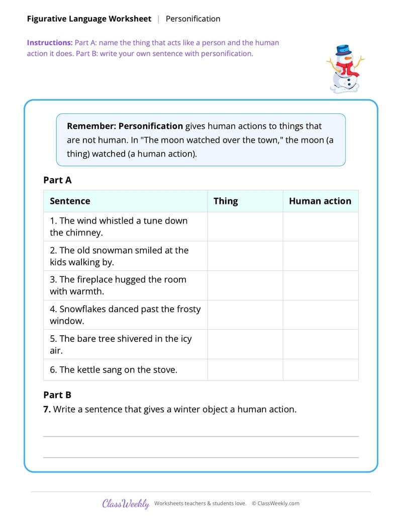 Christmas Personification - 4th Grade worksheet preview