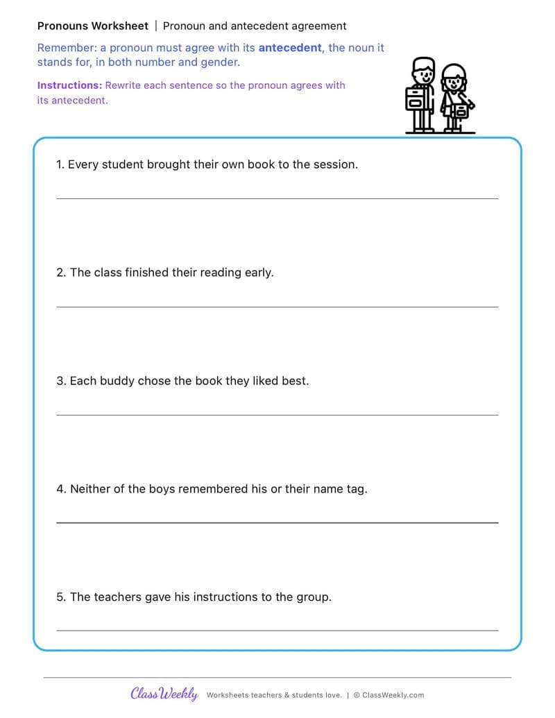 Pronoun and antecedent agreement - Kindergarten Buddy Day - 4th Grade worksheet preview