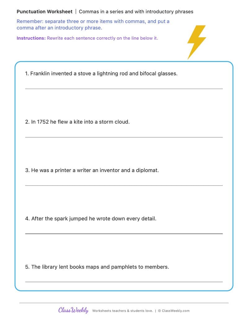 Commas in a series and with introductory phrases - Benjamin Franklin - 4th Grade worksheet preview