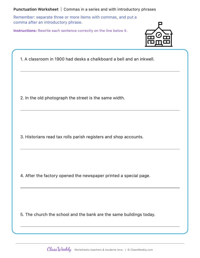 Commas in a series and with introductory phrases - Change and Continuity - 4th Grade worksheet preview