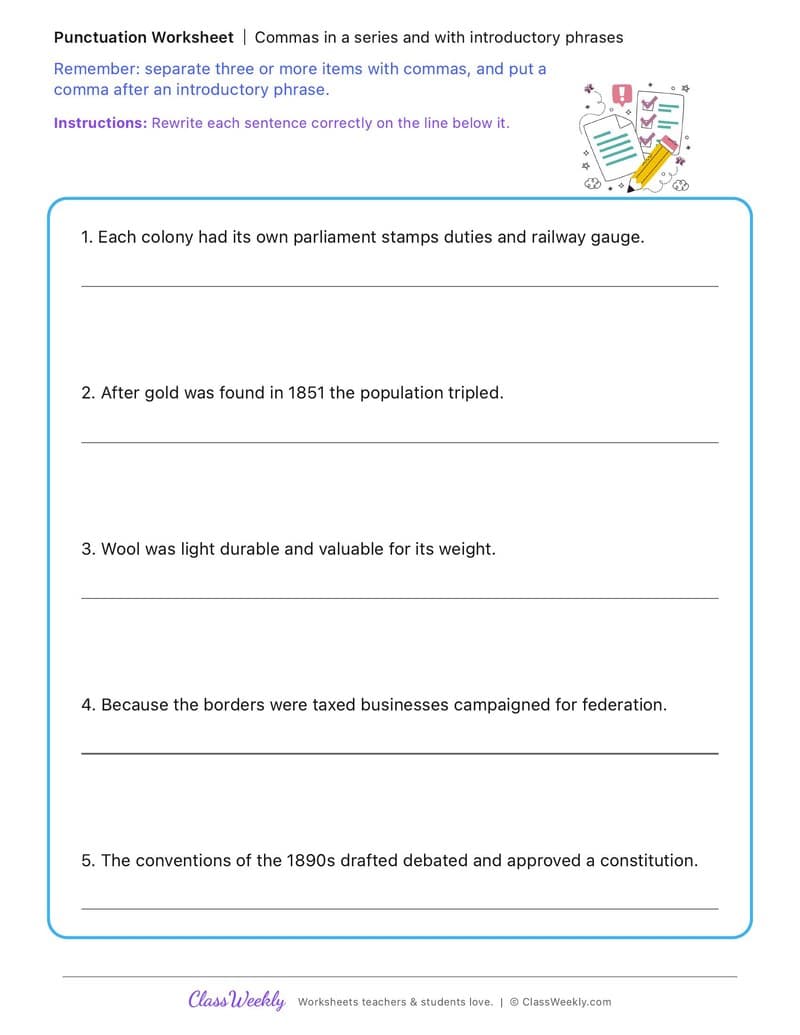 Commas in a series and with introductory phrases - Colonial Australia (British Colonisation) - 4th Grade worksheet preview