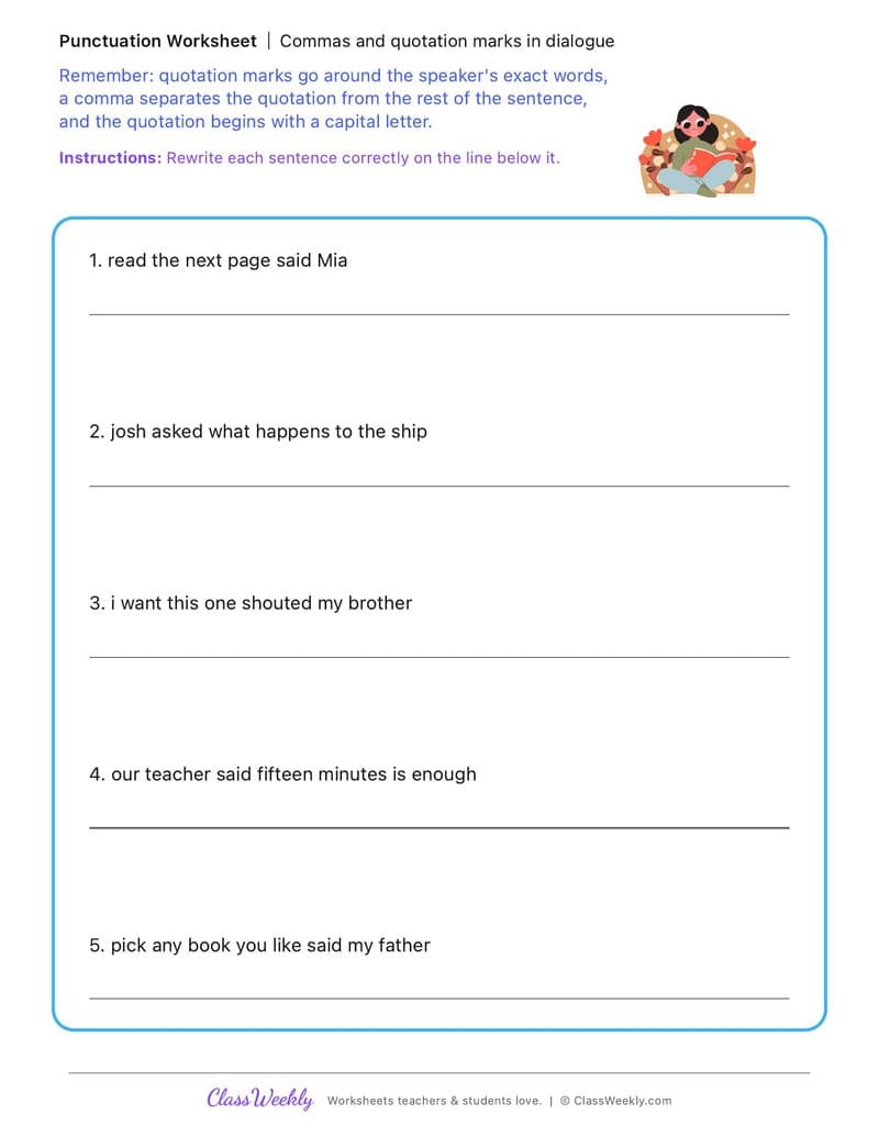 Commas and quotation marks in dialogue - Family Literacy Day - 4th Grade worksheet preview