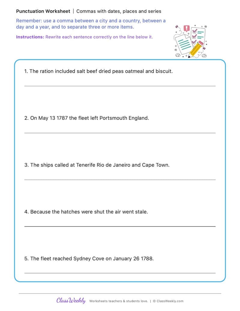 Commas with dates, places and series - First Fleet Experiences - 4th Grade worksheet preview