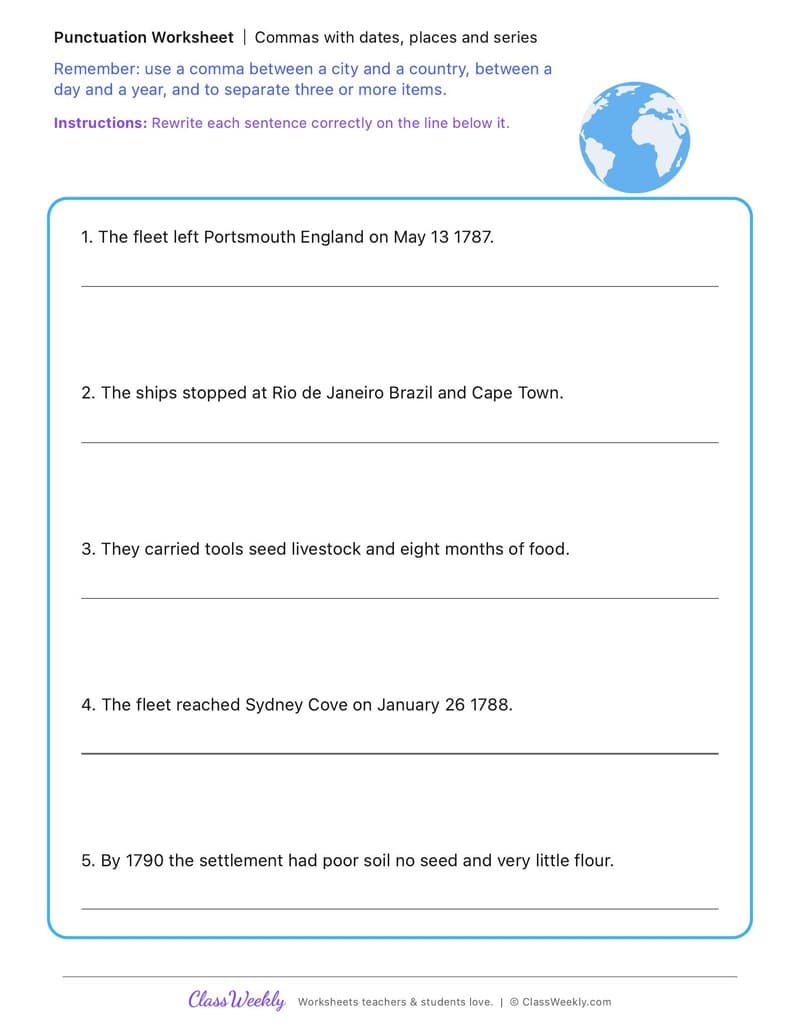 Commas with dates, places and series - First Fleet - 4th Grade worksheet preview