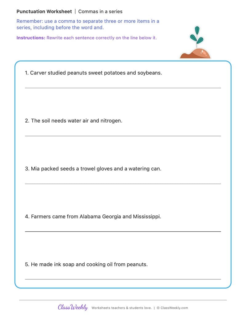 Commas in a series - George Washington Carver - 4th Grade worksheet preview