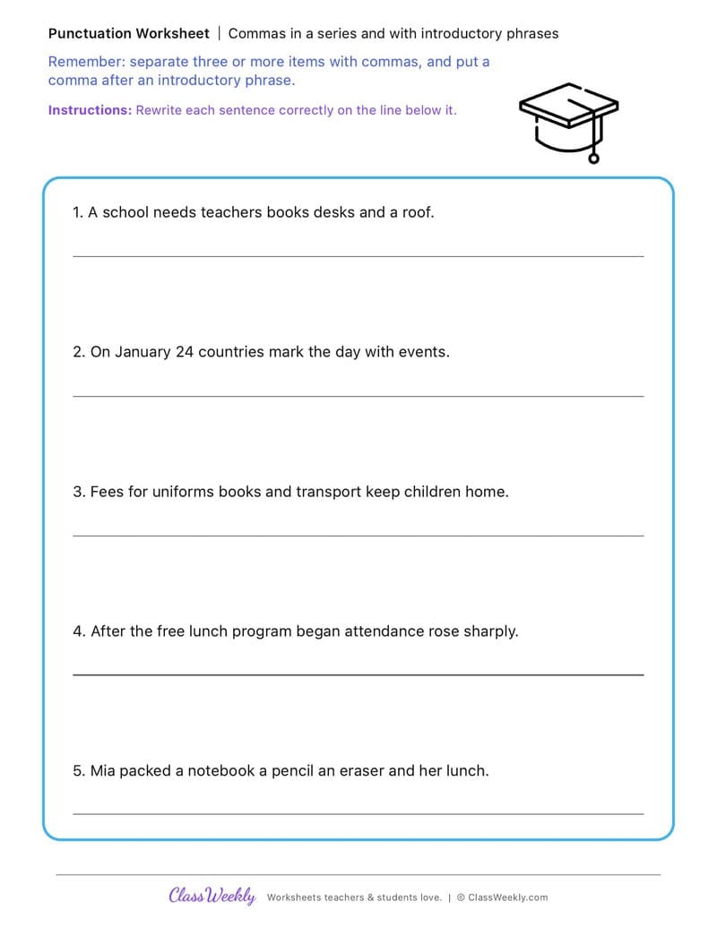 Commas in a series and with introductory phrases - International Day of Education - 4th Grade worksheet preview
