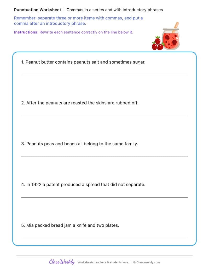 Commas in a series and with introductory phrases - National Peanut Butter Day - 4th Grade worksheet preview