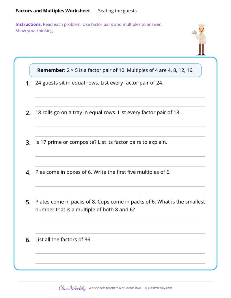Thanksgiving Factors and Multiples - 4th Grade worksheet preview