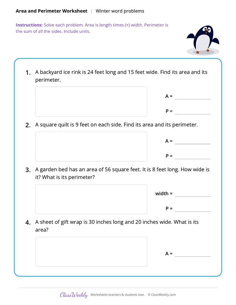 Christmas Area and Perimeter - 4th Grade worksheet preview