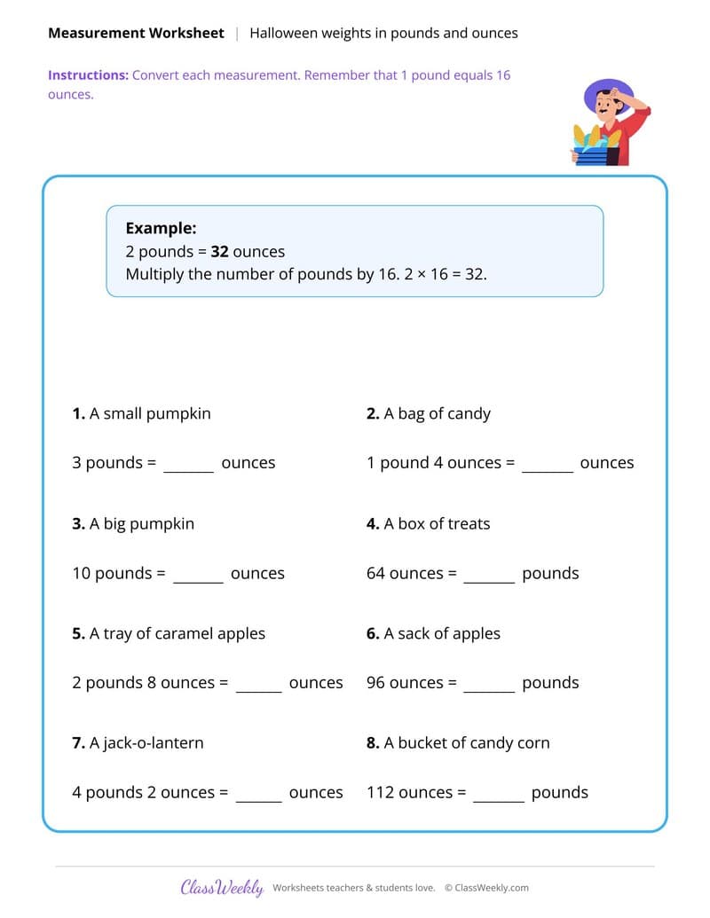 Pounds and Ounces - Halloween - 4th Grade worksheet preview