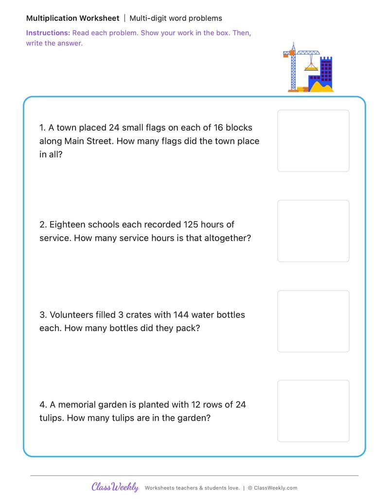 Multi-Digit Word Problems - Patriot Day - 4th Grade worksheet preview