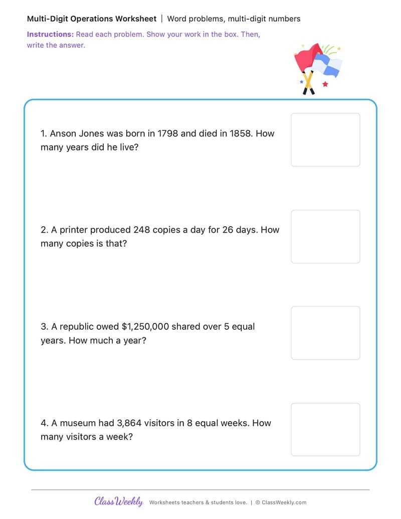 Word problems, multi-digit numbers - Anson Jones - 4th Grade worksheet preview