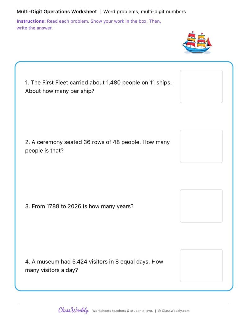 Word problems, multi-digit numbers - Australia Day / ANZAC Day / Sorry Day - 4th Grade worksheet preview