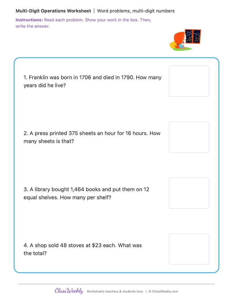 Word problems, multi-digit numbers - Benjamin Franklin - 4th Grade worksheet preview