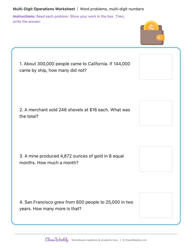 Word problems, multi-digit numbers - California Gold Rush - 4th Grade worksheet preview
