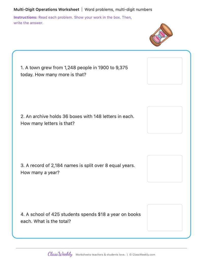Word problems, multi-digit numbers - Change and Continuity - 4th Grade worksheet preview