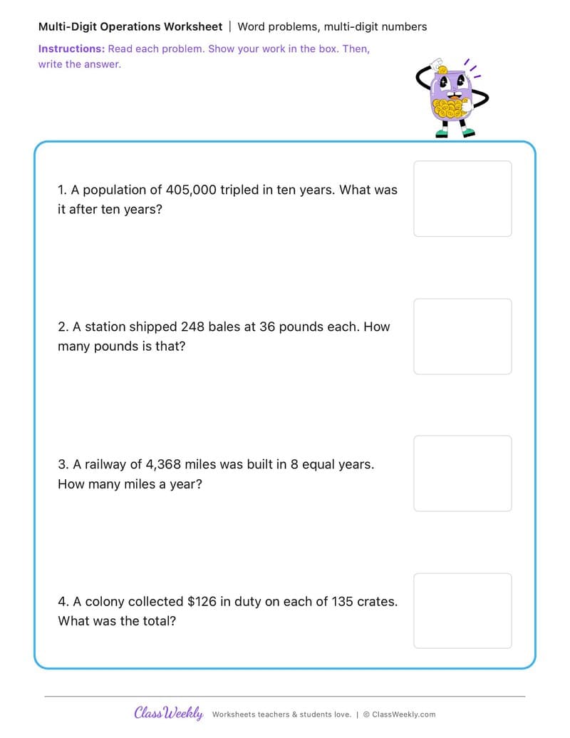 Word problems, multi-digit numbers - Colonial Australia (British Colonisation) - 4th Grade worksheet preview