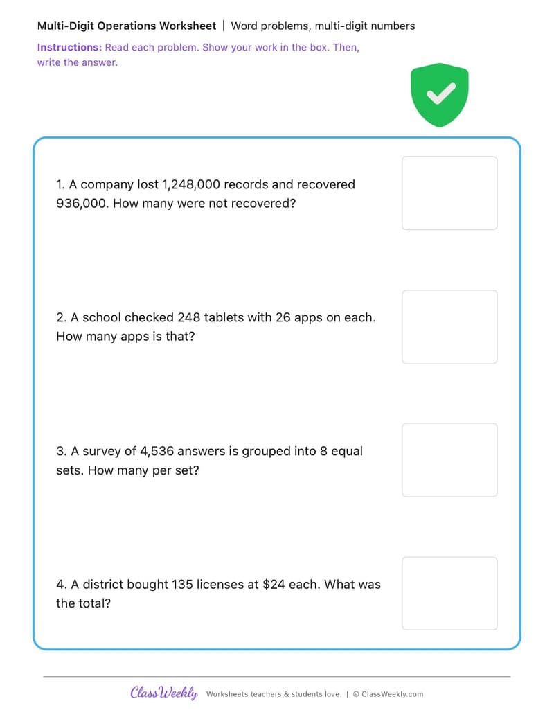 Word problems, multi-digit numbers - Data Privacy Day - 4th Grade worksheet preview