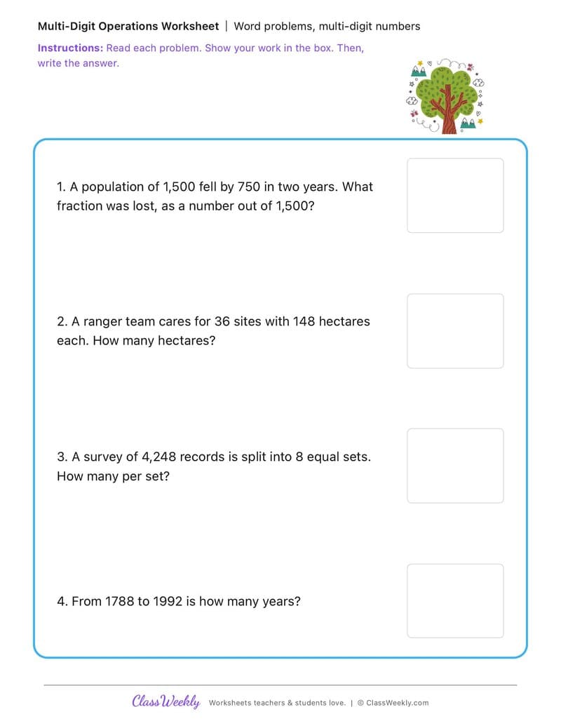 Word problems, multi-digit numbers - Effects of First Fleet Contact on First Nations Australians - 4th Grade worksheet preview