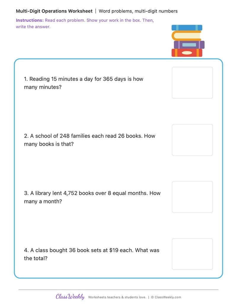 Word problems, multi-digit numbers - Family Literacy Day - 4th Grade worksheet preview