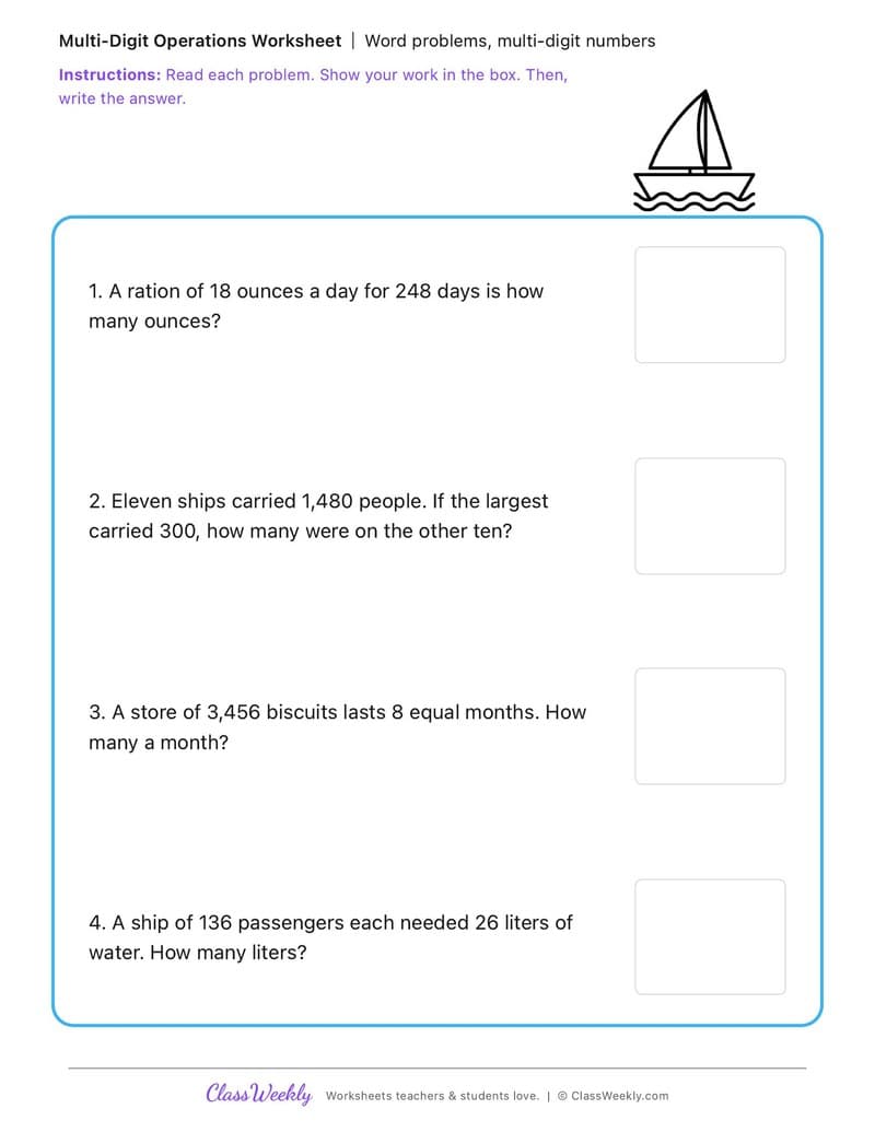 Word problems, multi-digit numbers - First Fleet Experiences - 4th Grade worksheet preview