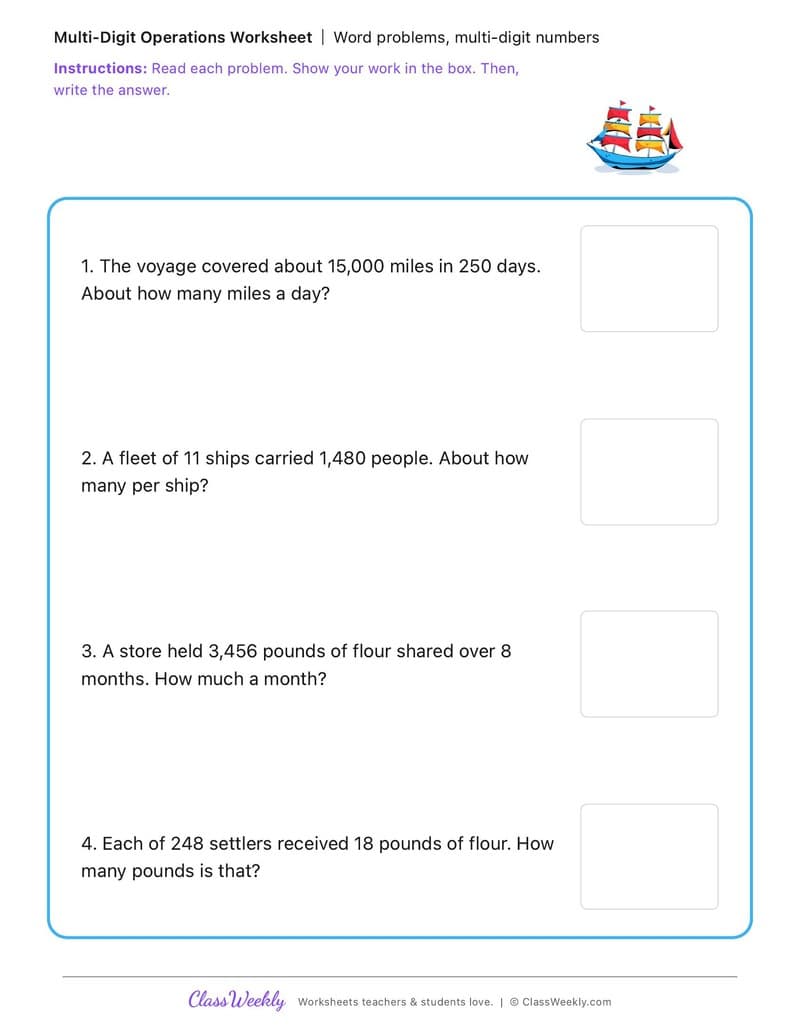 Word problems, multi-digit numbers - First Fleet - 4th Grade worksheet preview