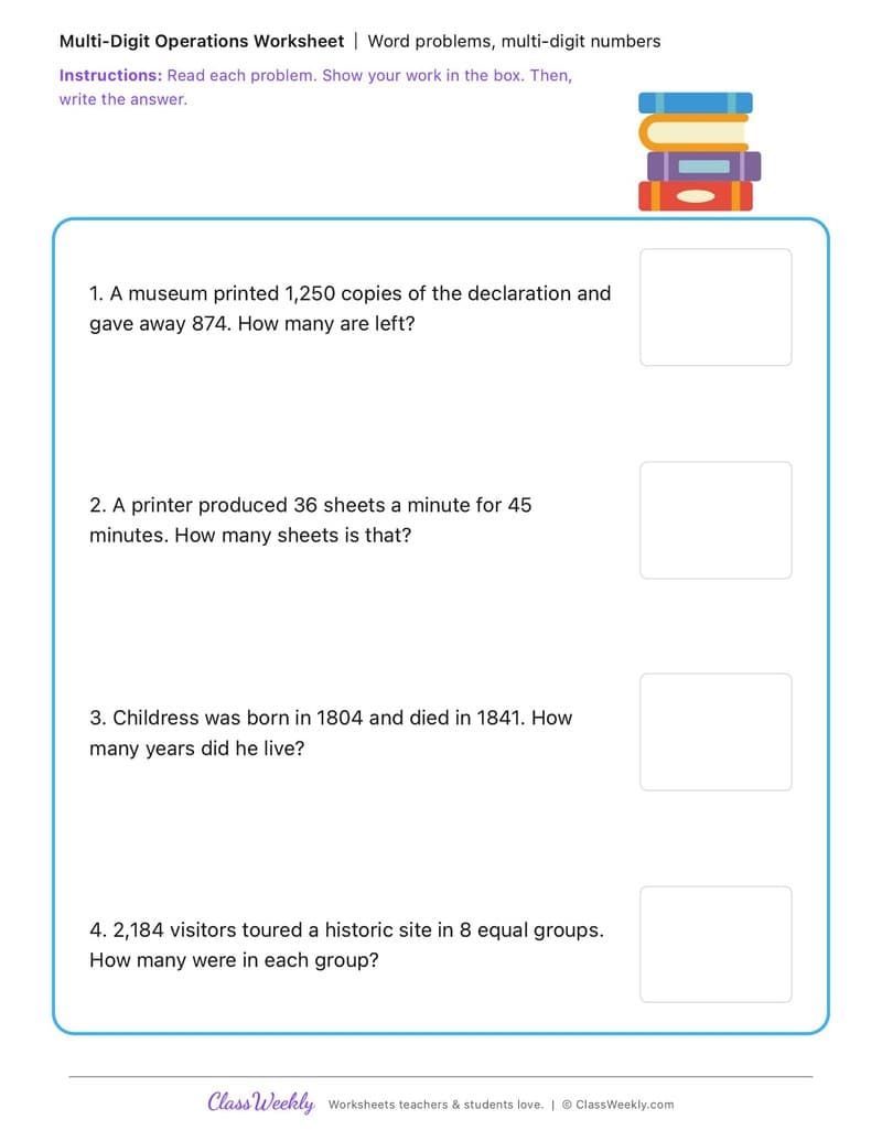 Word problems, multi-digit numbers - George Childress - 4th Grade worksheet preview