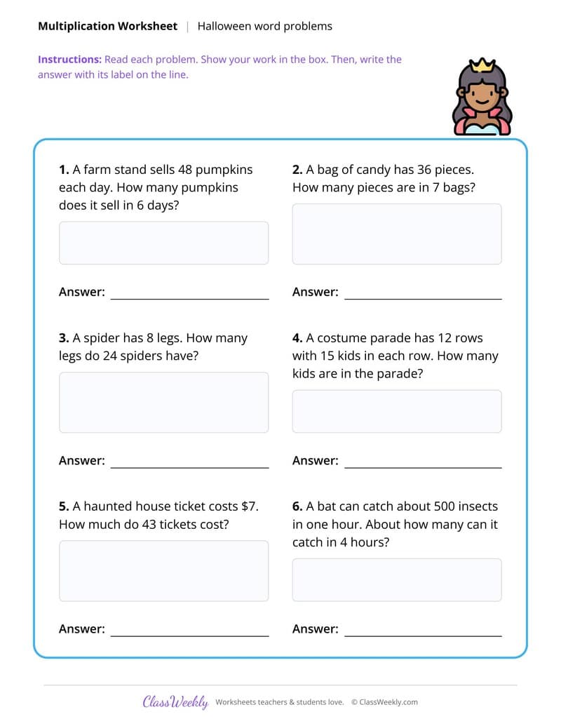 Multi-digit Word Problems - Halloween - 4th Grade worksheet preview