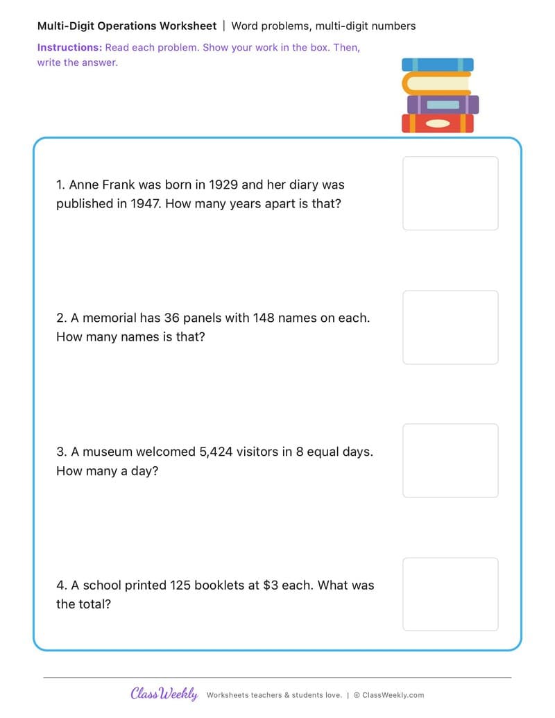 Word problems, multi-digit numbers - International Holocaust Remembrance Day - 4th Grade worksheet preview