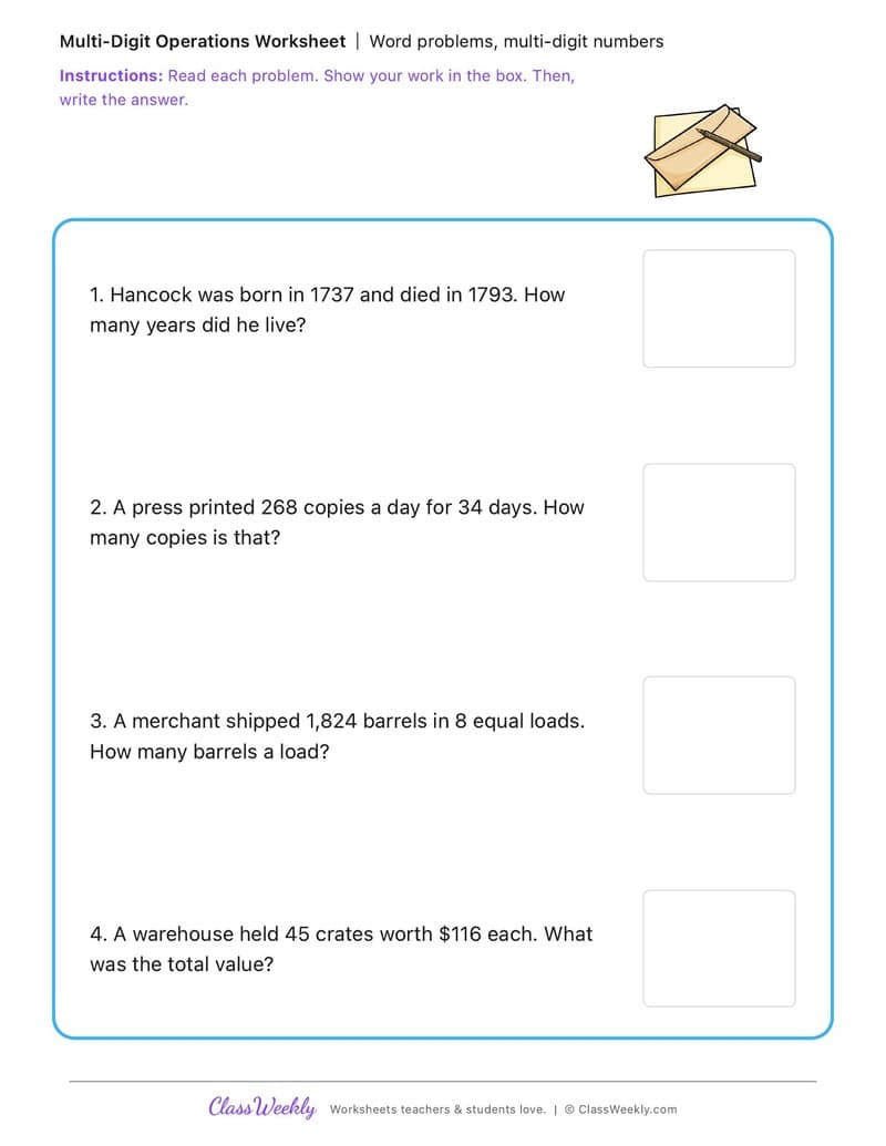 Word problems, multi-digit numbers - John Hancock - 4th Grade worksheet preview