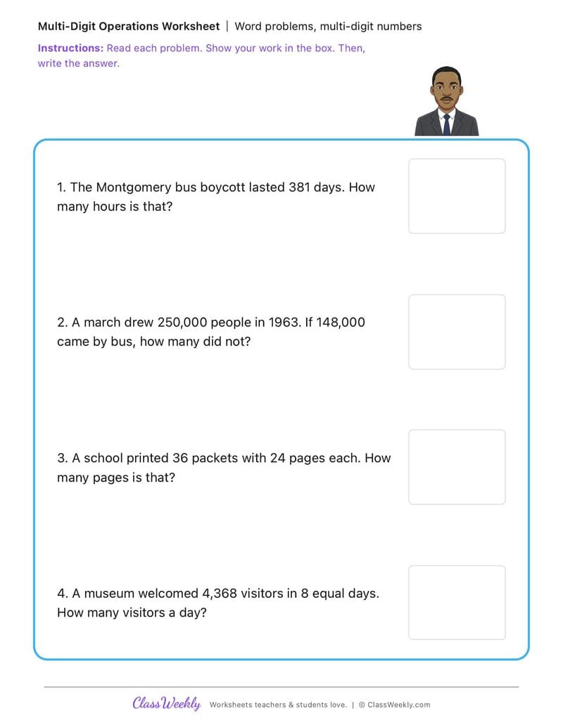 Word problems, multi-digit numbers - MLK Day / Black History Month - 4th Grade worksheet preview