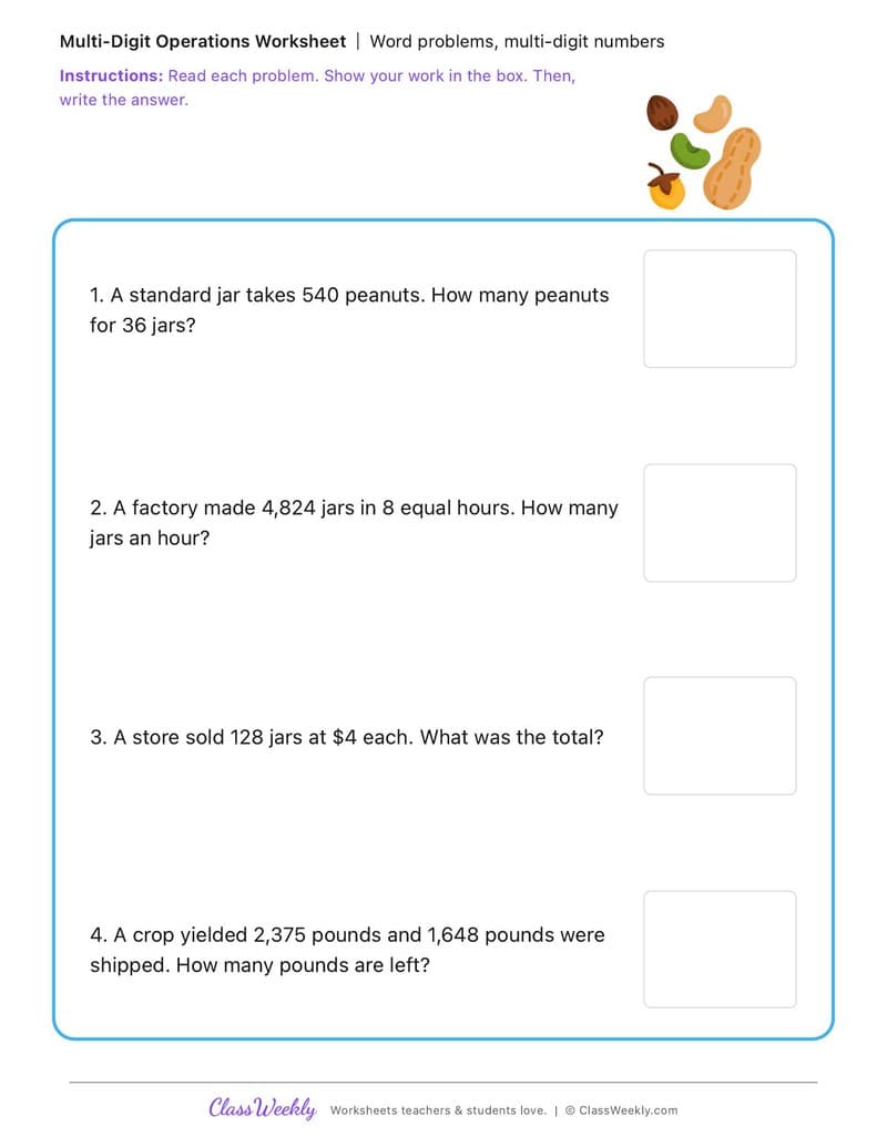 Word problems, multi-digit numbers - National Peanut Butter Day - 4th Grade worksheet preview