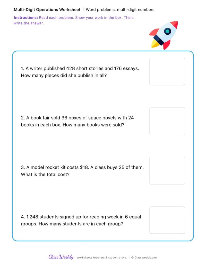 Word problems, multi-digit numbers - National Science Fiction Day - 4th Grade worksheet preview
